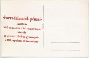 1962 "A Magyar Tanácsköztársaság fémpénztervei" képeslap, hátoldalon "Forradalmaink p...
