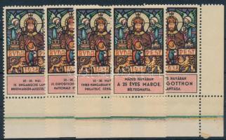 1938 Szent István emlékév - III. Nemzeti Bélyegkiállítás, MABOE Jubileum, rózsaszín, 5 db különféle levélzáró