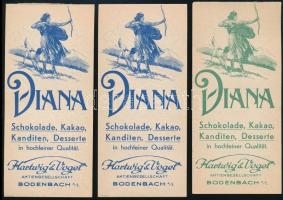 Diana Schokolade, Kakao, Kanditen, Desserte. Bodenbach, Hartwig & Vogel, 3 db számolócédula