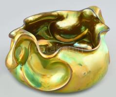 Zsolnay szecessziós stílusú, fodros szélű füles kaspó. Eozinmázas porcelán. Jelzett, kis kopással, a...