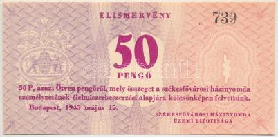 1945. Székesfővárosi Házinyomda elismervény 50P-ről 739 sorszámmal T:I Adamo BUP10.1.2