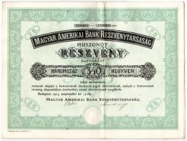 Budapest 1923. Magyar Amerikai Bank Részvénytársaság 25 részvénye egyenként 340K-ról, szelvényekkel és szárazpecséttel T:III