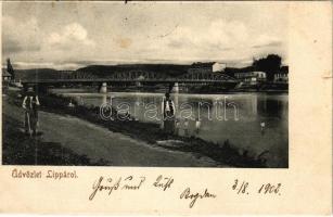 1903 Lippa, Lipova; Maros folyópart, híd / Mures riverside, bridge (EK)