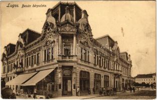 1913 Lugos, Lugoj; Besán bérpalota, Grand Café Corso kávéház, Délmagyarországi Bank / street view, palace, café, bank (ázott / wet damage)