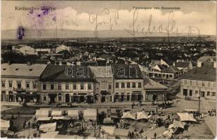 1905 Karánsebes, Caransebes; látkép, piac, Grünberger S. Géza és Metzger üzletek, gyógyszertár / Totalansicht / general view, market, shops, pharmacy