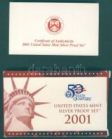 USA 2001S 1c, 5c, 10c, 1/2$, 1$ szettben, mellette 5x klf 1/4$ Ag "50 állam" szettben T:PP...