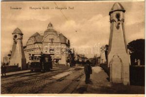 Temesvár, Timisoara; Hungária fürdő, villamos, híd / Hungaria-Bad / bath, tram, bridge - képeslapfüzetből / from postcard booklet (fa)