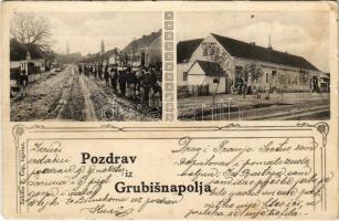 1910 Grubisno Polje, Grobosinc; Pozdrav iz Grubisnapolja / Fő utca, J. Cop. A. vendéglője, étterem / gostiona / main street, restaurant. Art Nouveau (EK)