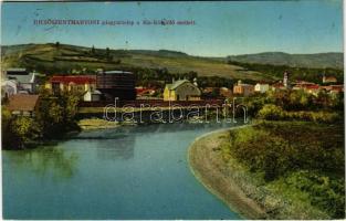 1912 Dicsőszentmárton, Tarnaveni, Diciosanmartin; Gázgyártelep a Kis-Küküllő mellett, zsinagóga. Jeremiás Sándor kiadása / gas factory, synagogue, riverbank