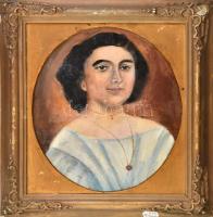 Jelzés nélkül: Női portré. Olaj, karton. Dekoratív, sérült fakeretben, 34x19 cm