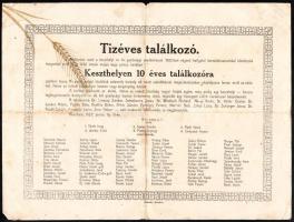 1922 Tízéves találkozó Keszthely oklevél, hajtva 33x26 cm