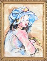Vaszary J jelzéssel: Lány portréja. Vegyes technika, papír. Dekoratív, üvegezett fakeretben. 40x30 cm