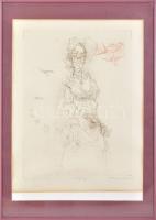 Almásy Aladár (1946-): Régi virágáruslány. Rézkarc, papír, jelzett, számozott (45/100), üvegezett keretben, kissé foltos, 39×29 cm
