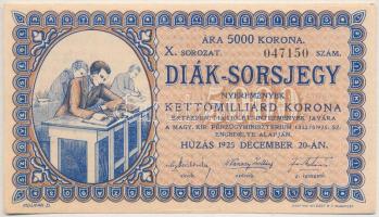 Budapest 1925. "Diák-Sorsjegy" 5000K értékben, "X. sorozat, 047150" T:I