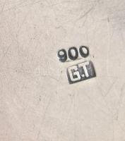 Ezüst(Ag) kaspó plasztikus árvácska virágokkal, d: 14,5 cm, nettó: 197 g