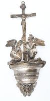 Ezüst(Ag) antik olasz szenteltvíztartó, korpuszos kereszt angyalokkal, jelzett, javított, h: 20,5 cm, nettó: 42,7 g