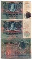 1912. 100K + 1914. 50K (2db) mindhárom bankjegyen csak (hamis?) Citta di Fiume körbélyegző, a díszes felülbélyegzés nélkül T:III- egyik ragasztott