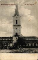 1917 Nyárádszereda, Miercurea Nirajului; Református templom, Bocskay István szobor, Steiner Emánuel üzlete. Szabadság nyomda kiadása / Calvinist church, statue, shop (fl)