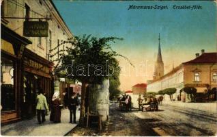 1915 Máramarossziget, Sighetu Marmatiei; Erzsébet főtér, Központi drogéria, Stern Dávid, Ungár Sándor vésnök és Köncs Antal üzlete / square, drogueria, shops