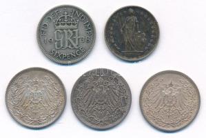 5db-os vegyes ezüst érmetétel, közte Nagy-Britannia 1938. 6p Ag "VI. György" + Német Birod...