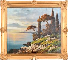 Olvashatatlan jelzéssel: Mediterrán vízparti táj. Olaj, karton. Dekoratív, üvegezett fakeretben. 50x60 cm