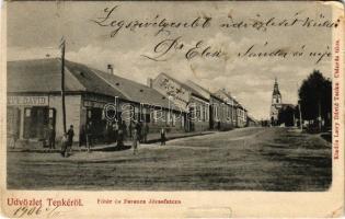 1906 Tenke, Tinca; Fő tér, Ferenc József utca, Levy (Lewy) Dávid üzlete és saját kiadása, Deutsch fényképész fölvétele / main square, street, shop (szakadások / tears)