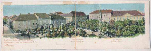 1901 Temesvár, Timisoara; Erdő utca, Hadtestparancsnokság palotája, Jenő herceg tér, Tiszti kaszinó, Rukavina emlékmű. Kihajtható 2-részes panorámalap / street, square, officers&#039; casino, monument, palace of the army headquarters. 2-tiled folding panoramacard (ragasztónyom / gluemark)