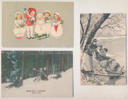 3 db régi téli sport motívum képeslap: szánkózók / 3 pre-1945 winter sport motive postcards: sledding