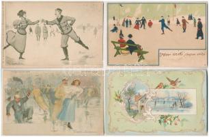 7 db RÉGI (1905 előtti) téli sport motívum képeslap: jégkorcsolya, korcsolyázók (közte Raphael Kirch...