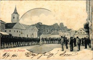 1902 Pozsega, Pozega; Katonai parádé a Fő téren, templom. Josip Krausz kiadása / military parade on the main square, church (EK)