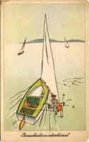 1952 Ismerkedés a vitorlással. Képzőművészeti Alap Kiadóvállalat / sport humour, sailing s: Tóth József (EK)