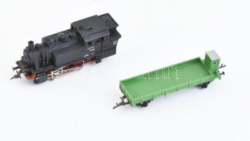 Vasút modell gőzmozdony, tehervagon, 10 mm nyomtávú, mozdony formájú dobozban