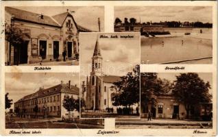 1939 Lajosmizse, Kultúrház, Római katolikus templom, strandfürdő, fürdőzők, Állami elemi iskola, Vasútállomás  (gyűrődések / creases)