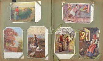 Kb. 151 db RÉGI művész motívum képeslap régi albumban: üdvözlő és festmény / Cca. 151 pre-1945 art p...
