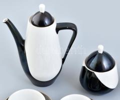 Hollóházi fekete-fehér retró design kávés, mokkás készlet. Hatszemélyes (kiöntő, cukortartó, tejszín...