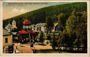 Bártfa, Bártfafürdő, Bardejovské Kúpele, Bardiov, Bardejov; Námestie hlavného pramena / Főforrás tér, Római katolikus templom, Eschwig üzlete, Eschwig és Hajts kiadása és felvétele / spa, spring source, Catholic church, publisher's shop