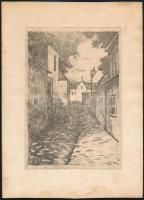 Olvashatatlan jelzéssel: Tabáni utca, 1930-as évek. Rézkarc, papír, foltos. 17x12 cm