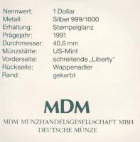 USA 1991. 1$/1oz Ag "Liberty" T:1 Tanúsítvánnyal!