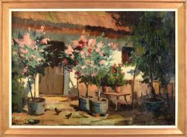 Újváry Ignác (1860-1927): Virágos udvar Olaj, vászon, jelzett, dekoratív fakeretben 47x68 cm