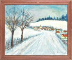 B. Kalmár Mária (?-): Hófedte falu. Olaj, kartonra kasírozott vászon, keretben, jelzett, 40x50cm