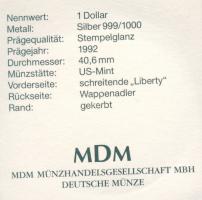 USA 1992. 1$/1oz Ag "Liberty" T:1 Tanúsítvánnyal!