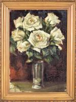 Jelzés nélkül: Fehér rózsás virágcsendélet. Olaj, kartonra kasírozott vászon, keretben, 44x31cm
