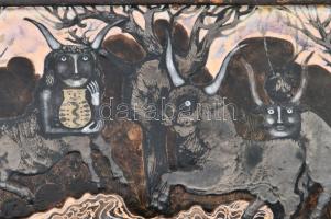 Kátai Mihály (1935 - 2020): Magyar szürke szarvasmarhák. Tűzzománc, rézlemezes keretben, jelzett 21x...