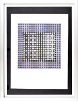 Victor Vasarely (1908-1997): Op-art kompozíció. Ofszet, papír, utólagos (?) jelzéssel. Üvegezett keretben, 19×18 cm