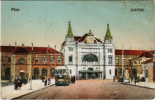 1923 Pécs, Indóház, vasútállomás, villamos (kis szakadás / small tear)