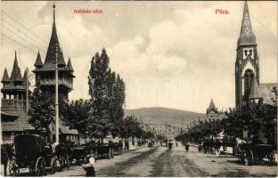 1907 Pécs, Indóház utca bérkocsikkal. Fischer Ferenc kiadása