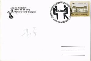 1992 Xie Jun (Csün) kínai sakk világbajnok + saját kezű aláírása a hátoldalon / Xie Jun Chinese ches...
