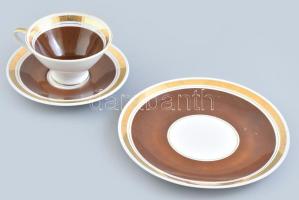 Retró német reggeliző szett (tányér, csésze és alj), barna színben. Matricás, jelzett, minimális kopással, d: 10 - 19 cm