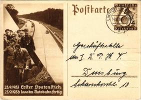 1936 Erster Spatenstich - 1936 1000 km Autobahn fertig / 1933 First Groundbreaking - 1936 1000 km highway completed. Adolf Hitler, NSDAP German Nazi Party propaganda. 6+4 Ga. (EK)