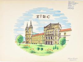 Koczor Sándor (1928-1982): Zirc, porcelánterv, vegyes technika, papír, jelzett, 21,5×30 cm